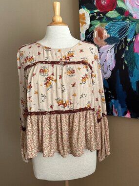 Maurices Floral Boho Peasant Blouse Large Mixed Print Lace Trim Cottagecore